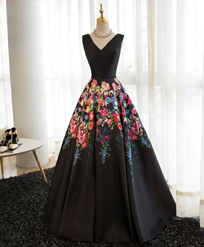 Lace DressBlack V Neck Floral Patterns Long Prom Dress, Black Evening Dress