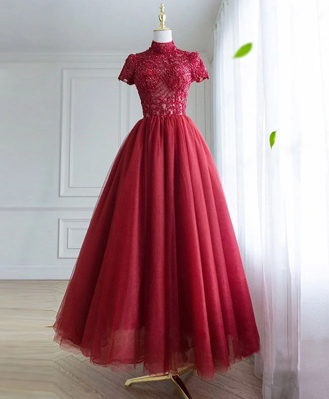 Maternity DressBurgundy Tulle Lace Long Prom Dress, Tulle Lace Evening Dress