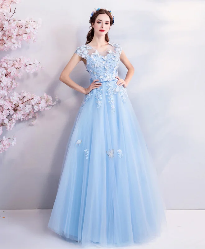 Bell-Sleeve DressSky Blue Lace Tulle Long Prom Dress, Blue Evening Dress