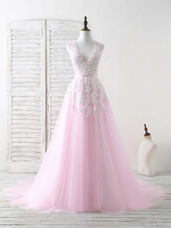 Polka-Dot DressPink V Neck Tulle Lace Applique Long Prom Dress Pink Evening Dress