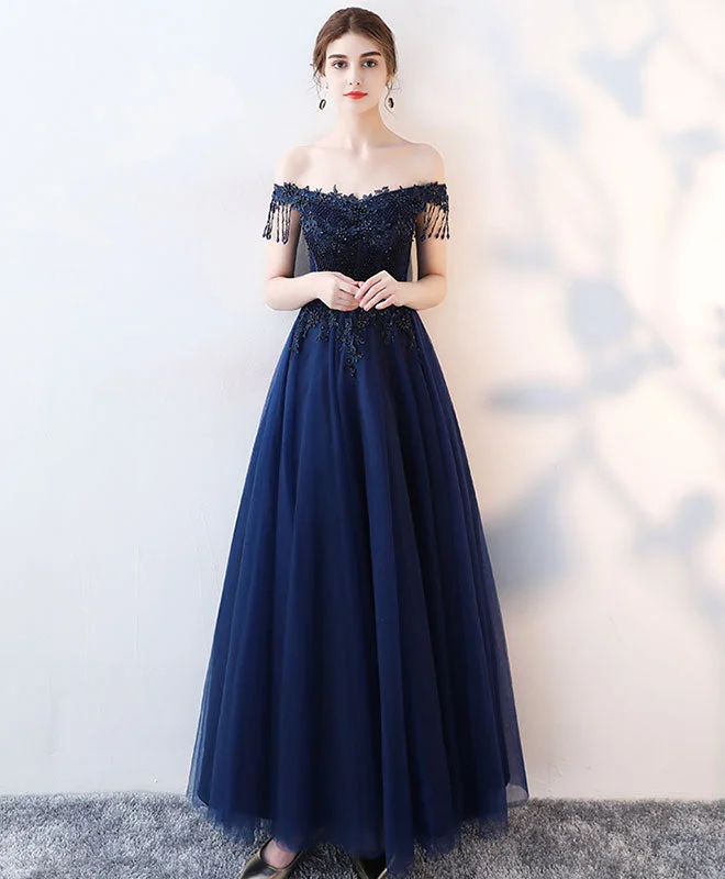 Statement DressDark Blue Tulle Beaded Long Prom Dress, Blue Evening Dress