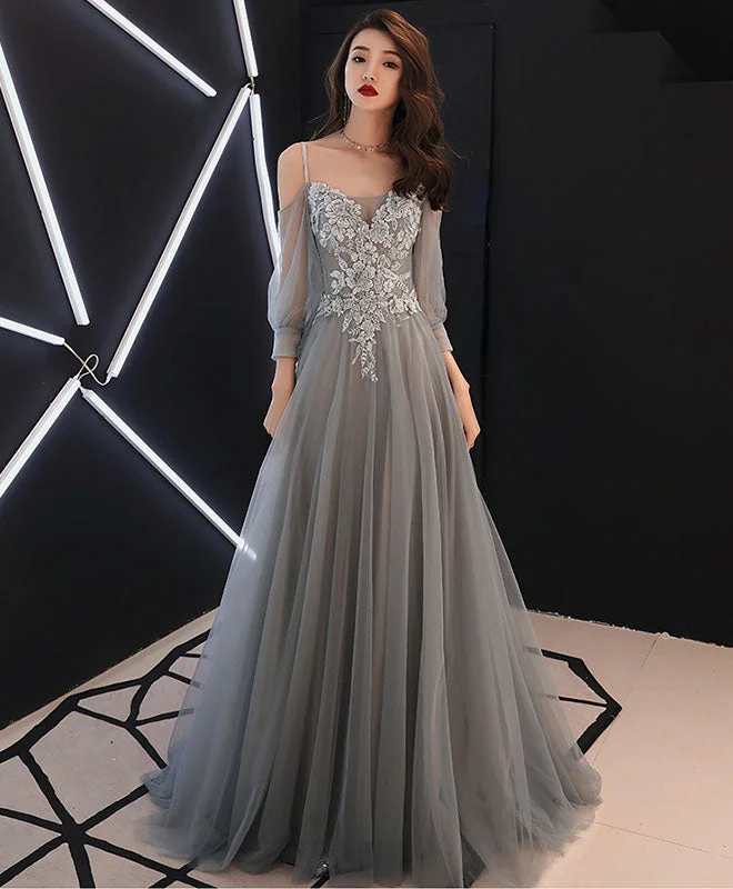 women's ball gown dressesGray Sweetheart A-Line Tulle Lace Long Prom Dress, Gray Evening Dress