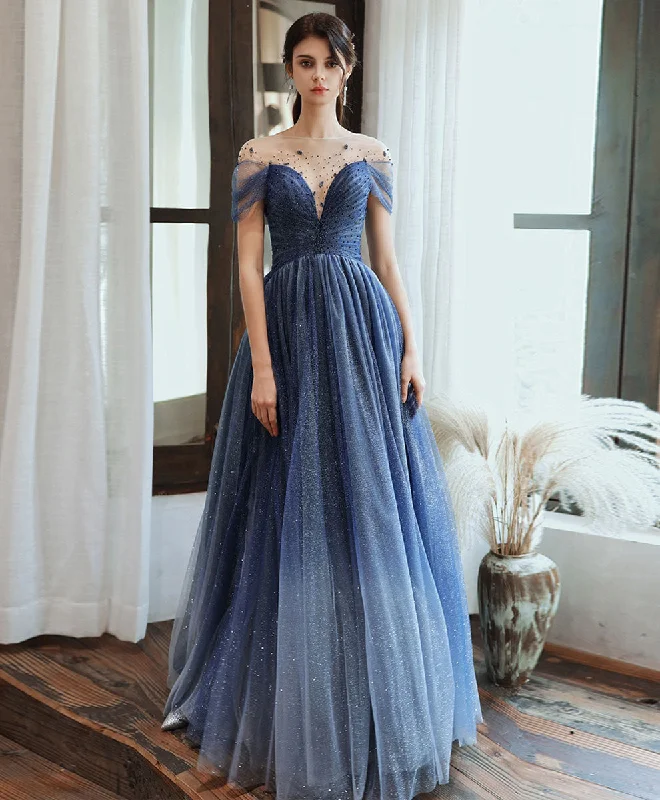 women's neon dressesBlue Tulle Off Shoulder Sequin Long Prom Dress Blue Evening Dress