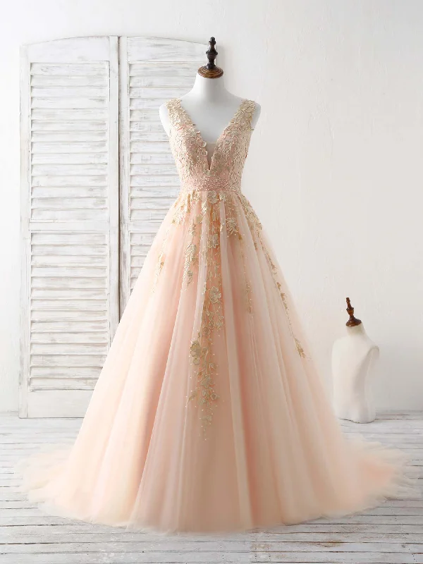 Metallic DressUnique V Neck Tulle Lace Applique Long Prom Dress, Evening Dress