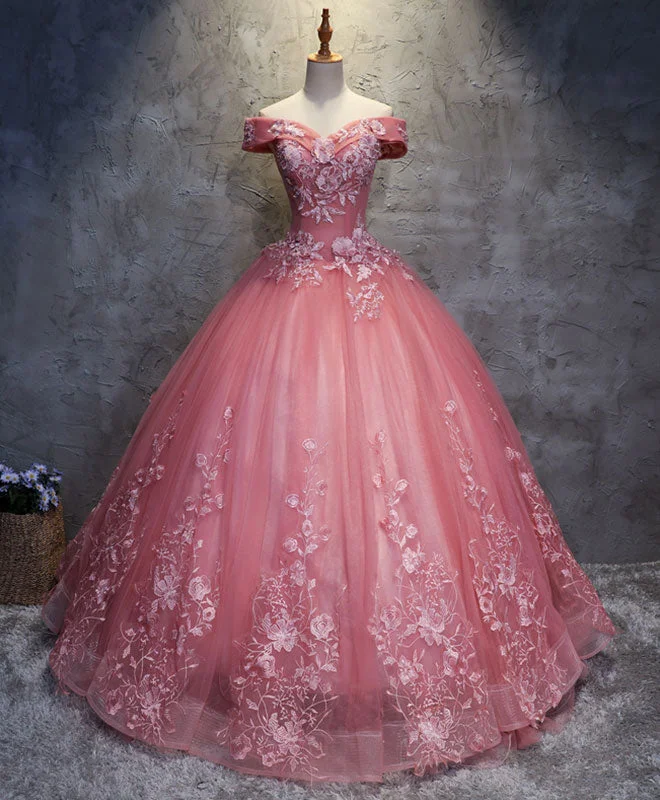 women's handmade dressesPink Tulle Lace Off Shoulder Long Prom Dress Pink Tulle Evening Dress