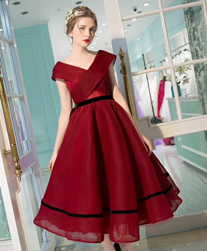 women's chiffon dressesBurgundy V Neck Tea Length Prom Dress, Burgundy Evening Dress