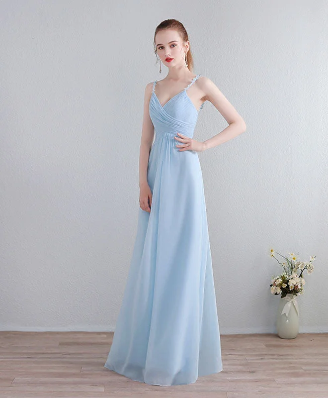 women's made-to-order dressesLight Blue V Neck Long Prom Dress, Lace Evening Dress