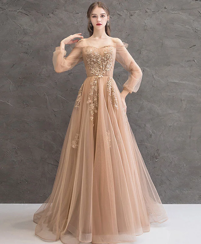 women's maximalist dressesChampagne Tulle Lace Long Prom Dress Champagne Tulle Evening Dress