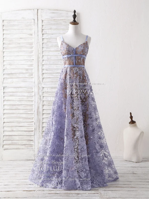 Bohemian DressUnique V Neck Lace Long Prom Dress Purple Lace Evening Dress