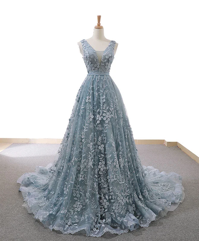 women's stylish dressesGray Blue Tulle Lace Long Prom Dress Gray Blue Lace Evening Dress