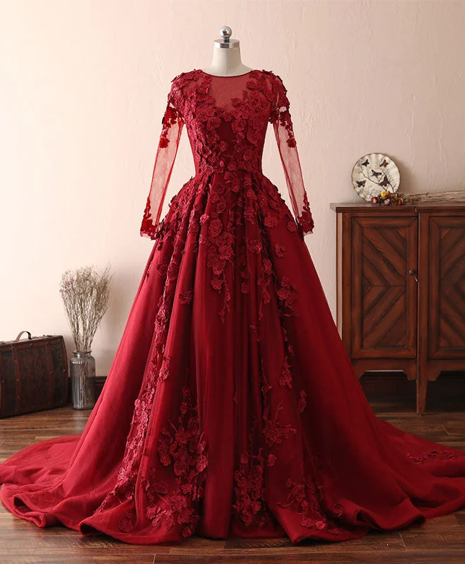 Fit-And-Flare DressBurgundy Lace Satin Long Prom Dress, Burgundy Lace Evening Dress