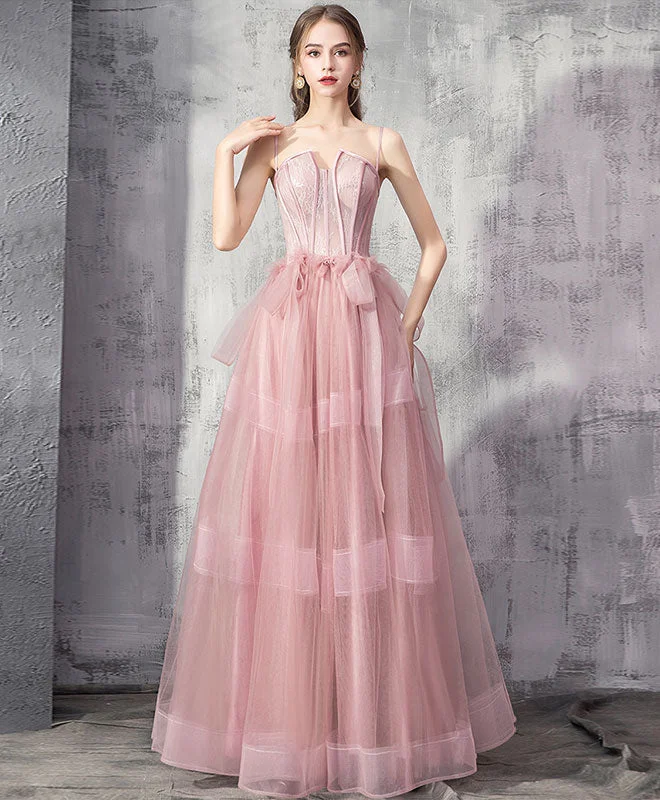 Peplum DressPink Tulle Lace Long Prom Dress, Pink Evening Graduation Dress