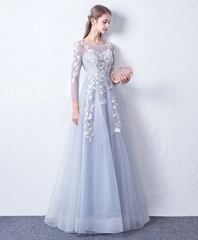 Striped DressGray Blue Cute Round Neck Lace Applique Tulle Long Prom Dress, Evening Dress