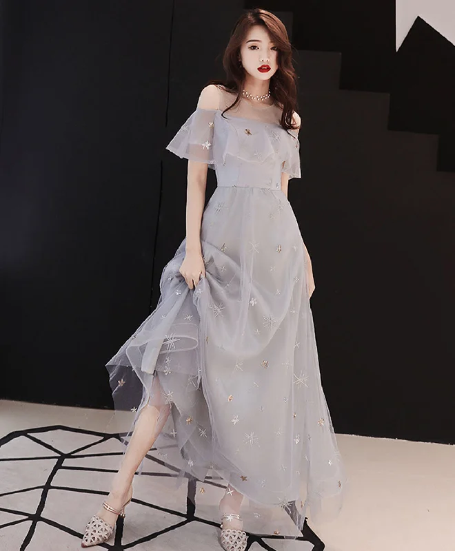 Zipper DressGray Tulle Tea Length Prom Dress, Gray Tulle Evening Dress