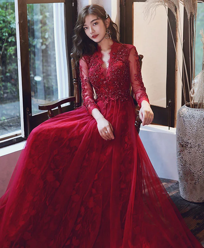 women's casual Friday dressesBurgundy V Neck Tulle Lace Long Prom Dress Burgundy Lace Evening Dress