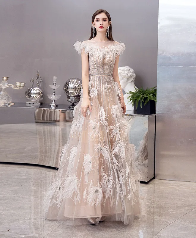 women's unique dressesChampagne Tulle Beads Long Prom Dress, Champagne Formal Evening Dress