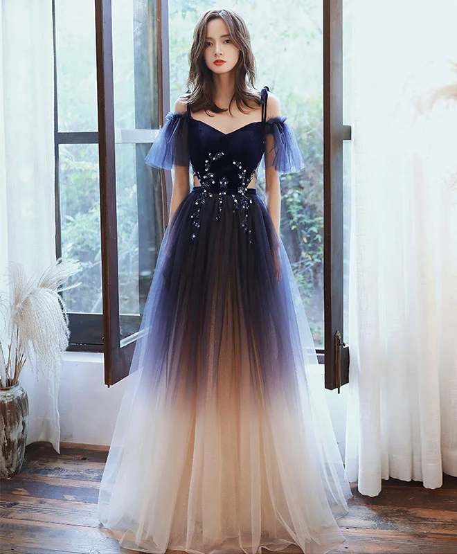 women's cinched-waist dressesBlue Sweetheart Tulle Off Shoulder Long Prom Dress Blue Evening Dress