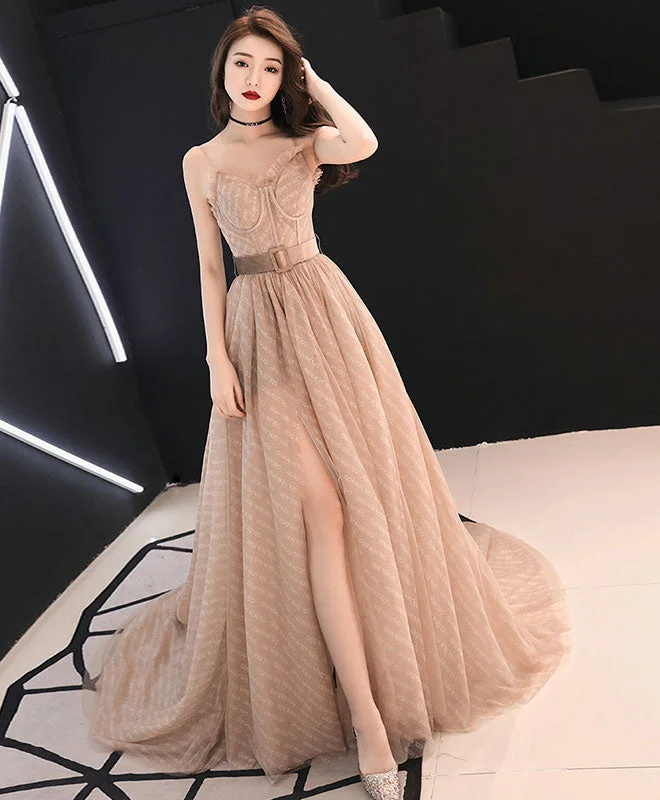 Crepe DressChampagne A-Line Tulle Long Prom Dress Champagne Evening Dress