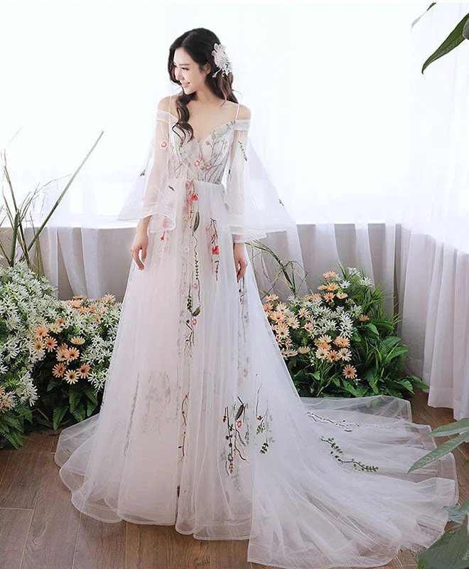 Long-Sleeve DressWhite V Neck Tulle Lace Applique Long Prom Dress, White Evening Dress