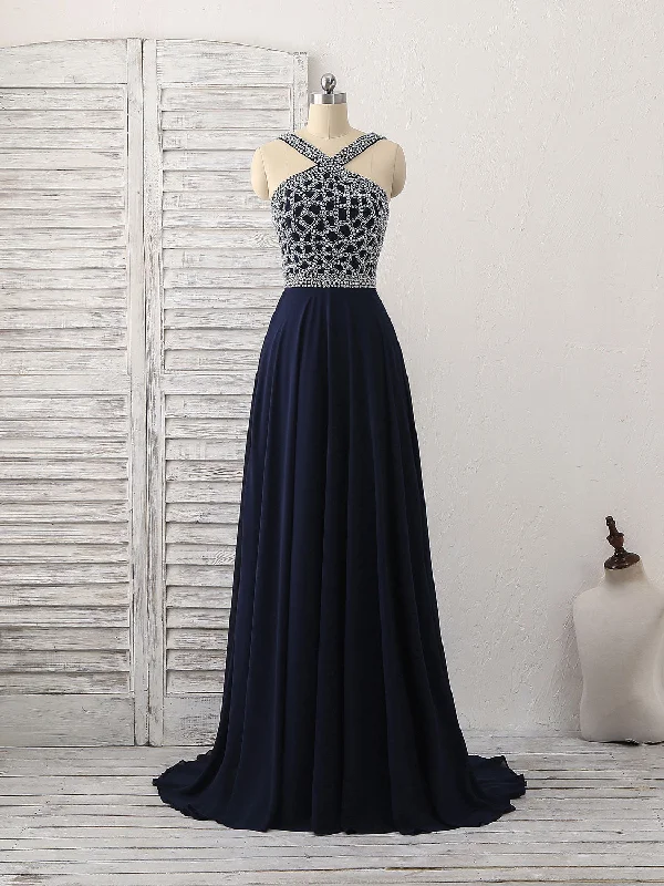 women's ball gown dressesDark Blue Chiffon Beads Long Prom Dress, Blue Evening Dress