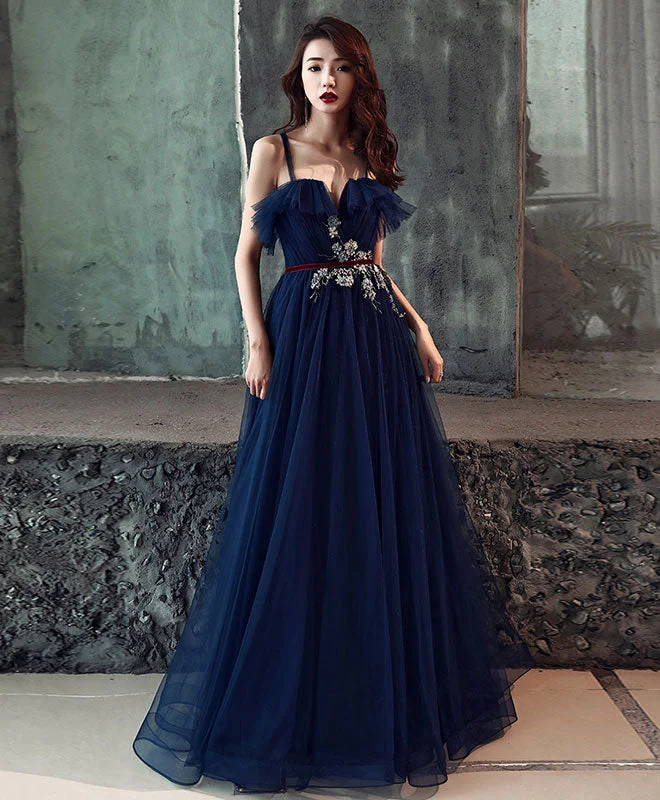 women's short-sleeved dressesDark Blue Tulle Long Prom Dress, Dark Blue Tulle Evening Dress