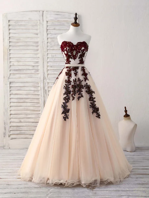 women's ethical fashion dressesBurgundy Sweetheart Tulle Long Prom Dress, Burgundy Evening Dress