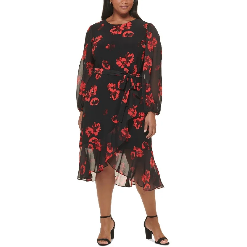 women's maxi dressesTommy Hilfiger Womens Plus Floral Belted Midi Dress