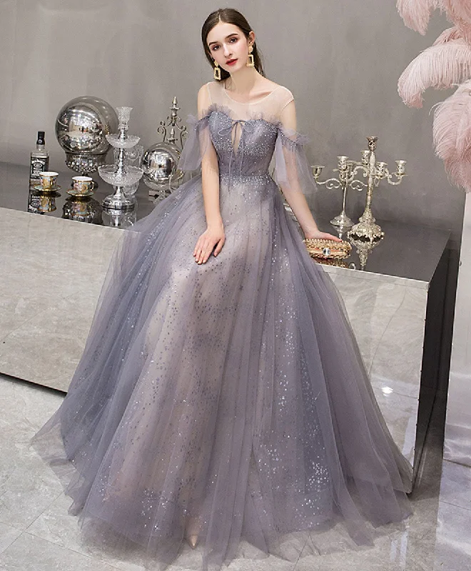 Retro DressBlue Round Neck Tulle Sequin Long Prom Dress, Blue Evening Dress