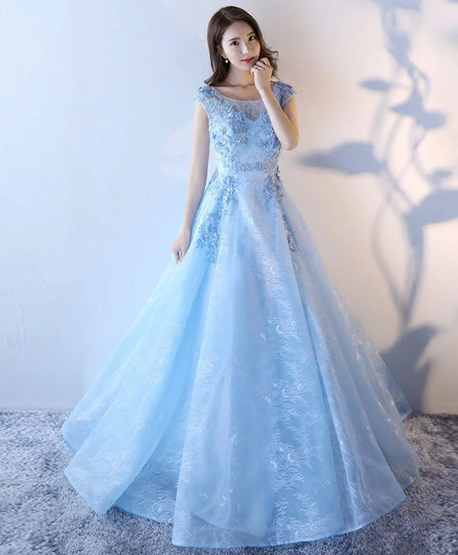 women's flutter-sleeved dressesLight Blue Lace Tulle Long Prom Dress, Lace Evening Dress