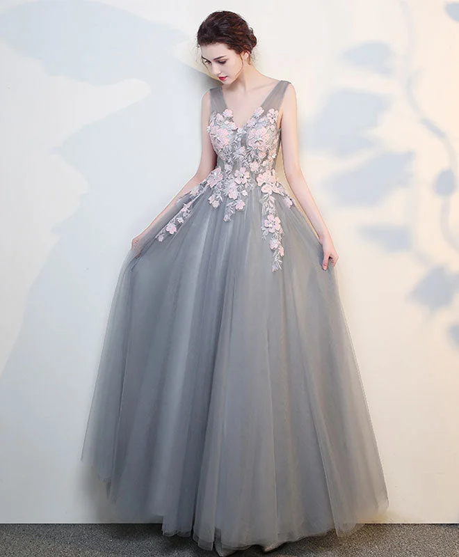 Leather DressGray V Neck Lace Long Prom Dress, Grey Evening Dress