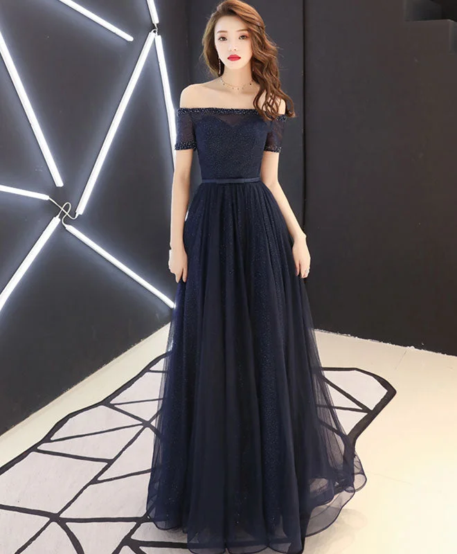 women's curve-hugging dressesDark Blue Tulle Long Prom Dress, Blue Tulle Evening Dress