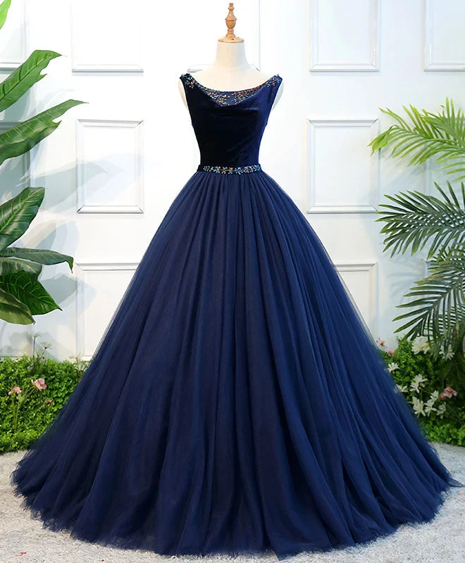 women's flutter-sleeved dressesBlue Tulle Long Prom Dress, Blue Tulle Evening Dress