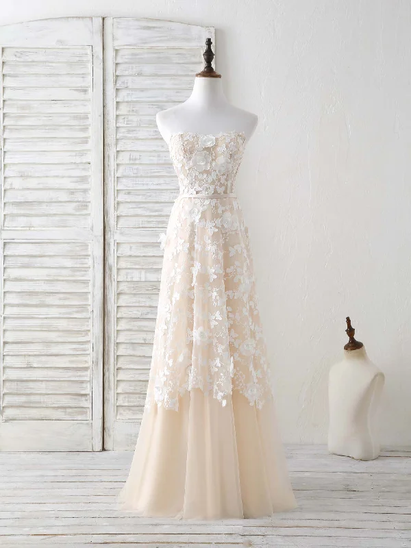 Silk DressChampagne Tulle Lace Applique Long Prom Dress Champagne Evening Dress