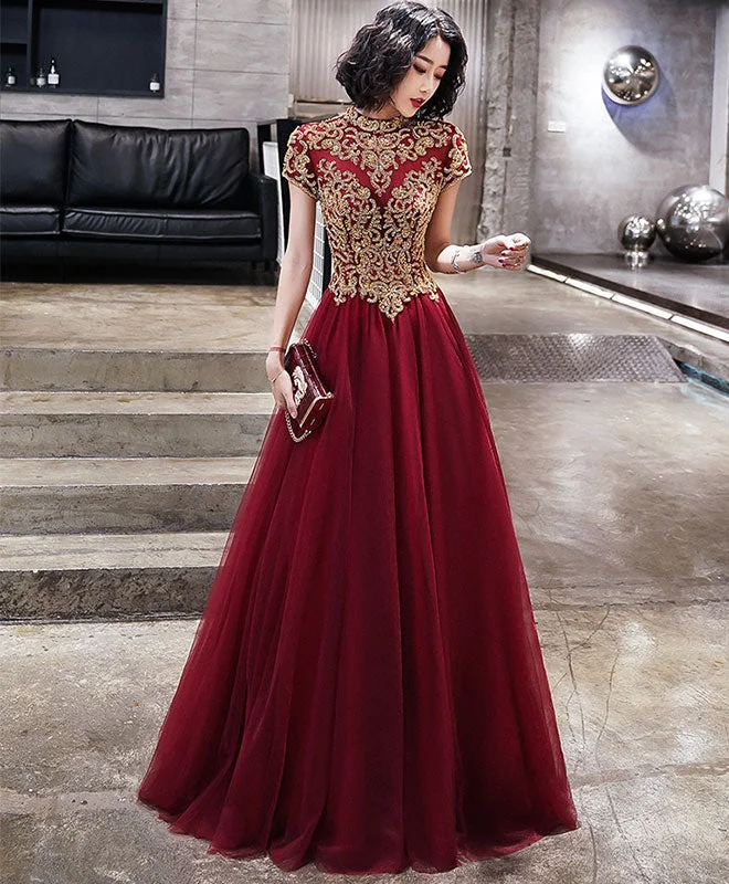 Skater DressBurgundy Tulle Beads Long Prom Dress, Tulle Burgundy Evening Dress