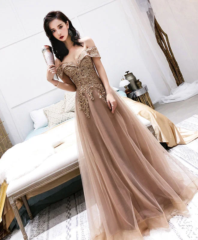 Elegant DressChampagne Tulle Off Shoulder Long Prom Dress, Tulle Evening Dress