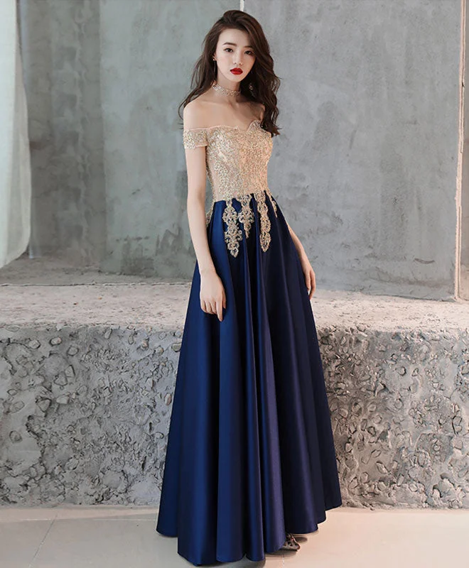 women's high-low dressesDark Blue Sweetheart Lace Satin Long Prom Dress, Blue Evening Dress