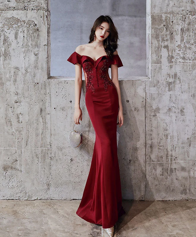 women's curve-hugging dressesBurgundy Off Shoulder Mermaid Long Prom Dress Burgundy Evening Dress