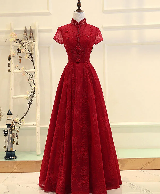 Scoop-Neck DressBurgundy High Low Lace Long Prom Dress, Burgundy Evening Dress