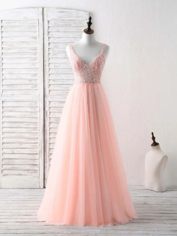 Plunging Neckline DressUnique Tulle Beads Long Prom Dress, Tulle Evening Dress