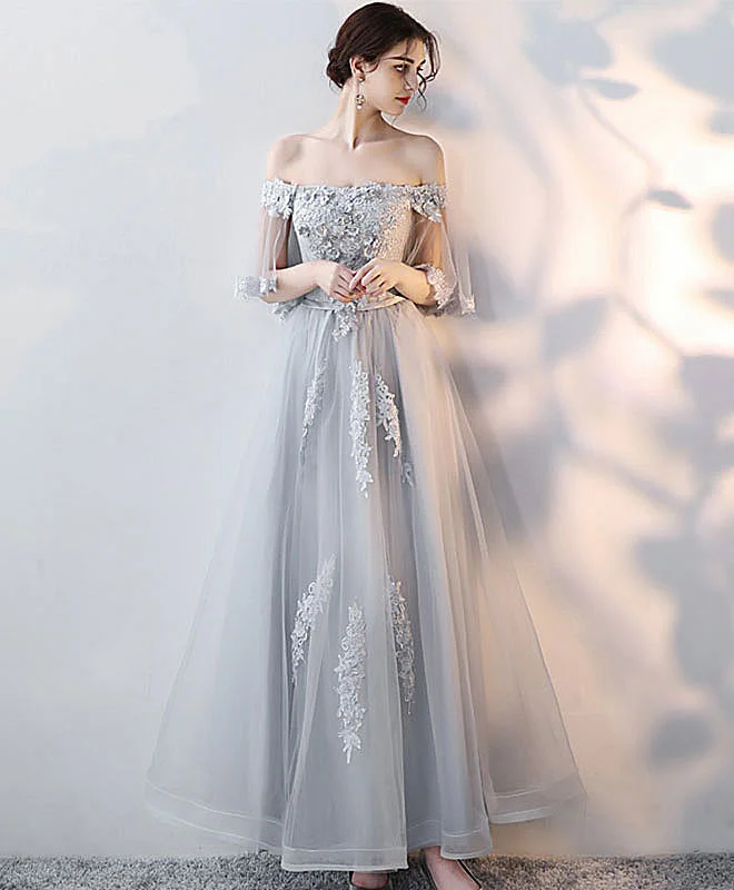 Button-Down DressGray Tulle Lace Long Prom Dress, Lace Evening Dress