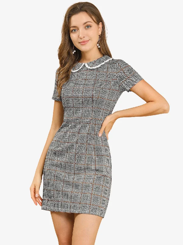 Tulle DressVintage Houndstooth Short Sleeve Slim Fit Stretchy Mini Bodycon Dress