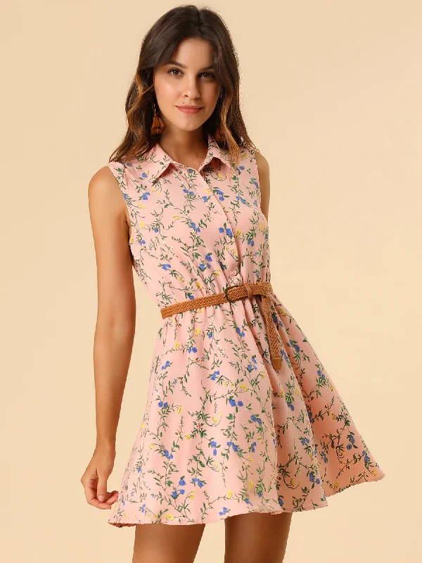 Tulle DressFloral Half Placket Above Knee Sleeveless Belted Mini Dress