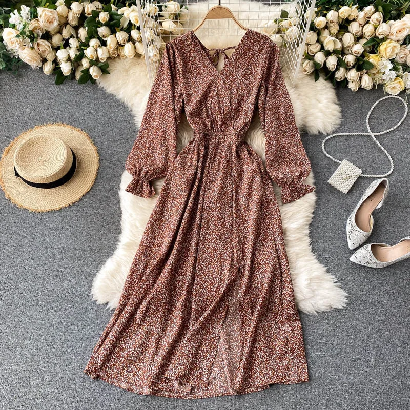 A-Line DressFloral Bohemian Long Sleeve Dress, Boho Maxi Dress for Women