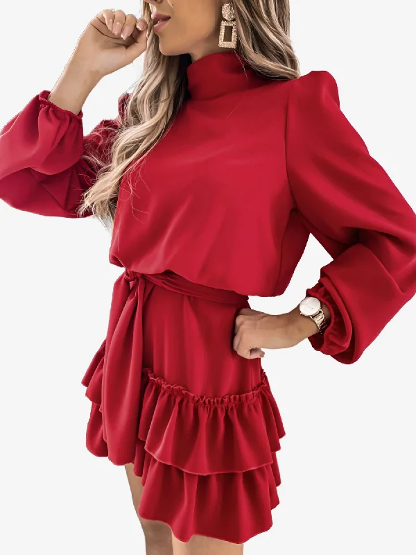 Long-Sleeve DressLantern Sleeve Mock Neck Ruffled Tiered Mini Dress