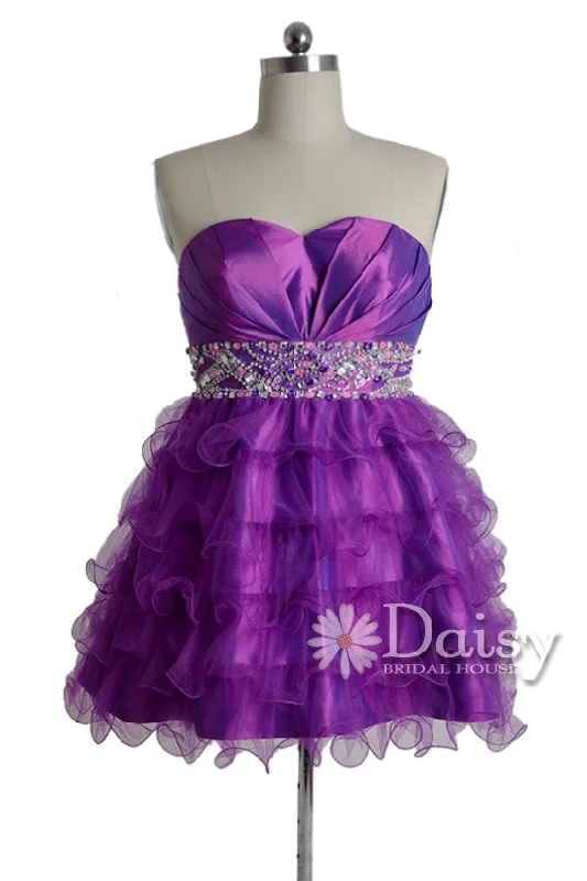 women's checkered dressesGorgeous Purple Taffeta Mini Skirt Beaded Sweetheart Organza Prom Dress(PR47634)