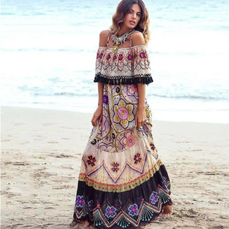 Beaded DressOff Shoulder Boho Summer Dress, Bohemian Maxi Dress For Women