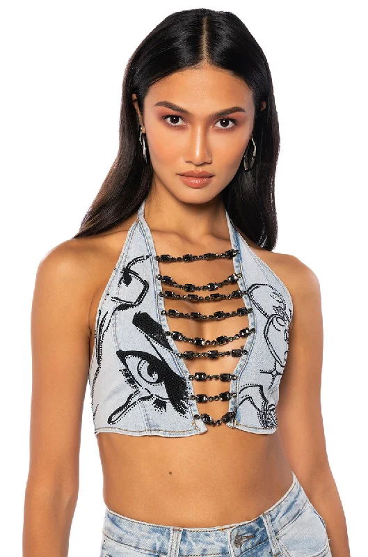 DRIPPING IN DIAMONDS DENIM PLUNGE CROP TOP