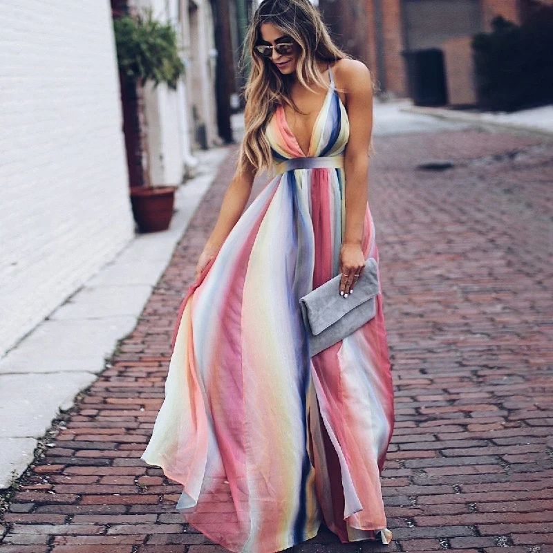 women's maxi dressesHalter Maxi Bohemian Rainbow Summer Dress, Boho Dress for Women