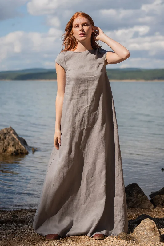 women's minimalist dressesLinen Maxi Dress with Cap Sleeves