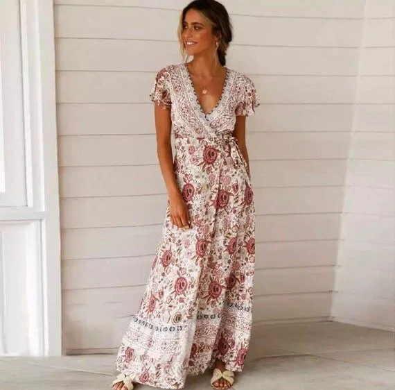 women's retro dressesBoho Floral Summer Maxi Dress for Women, Bohemian Summer Dress